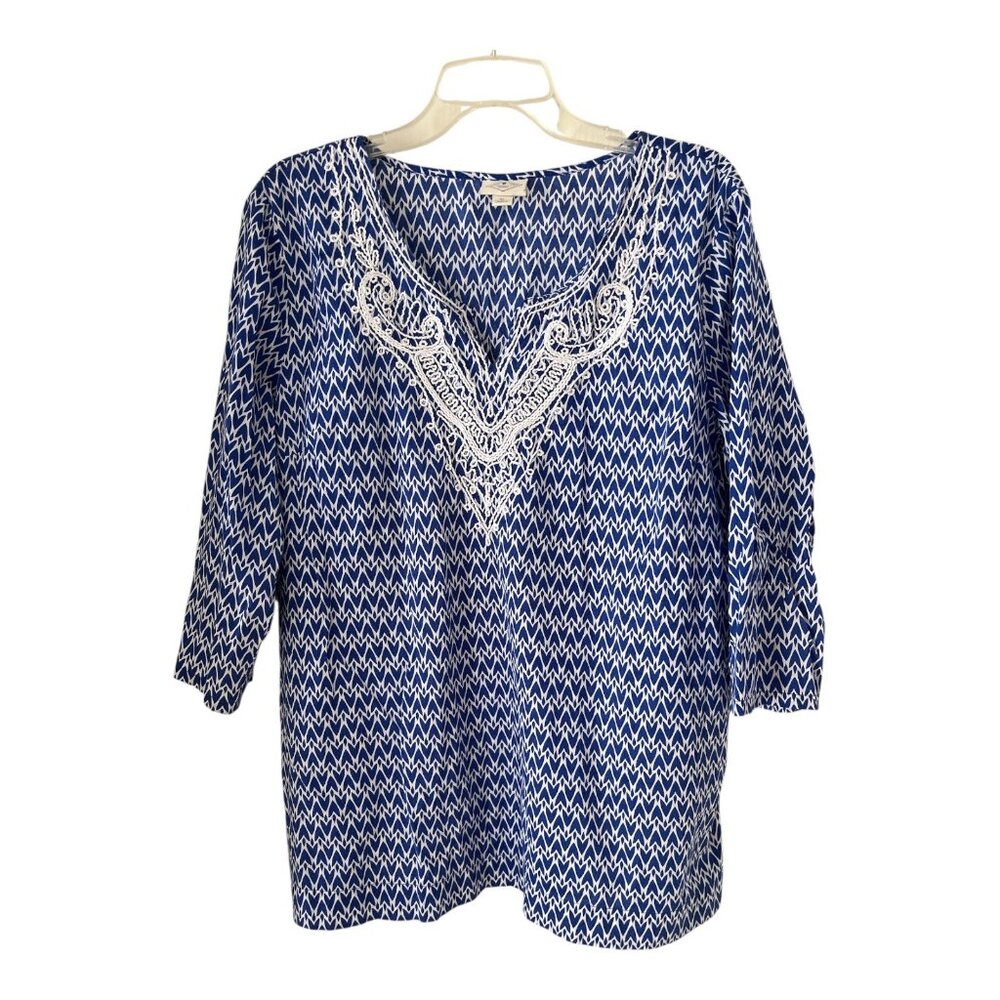 VTG St. John's Bay Women's XL Blue White Tunic Top – Embroidered Neckline, 100%